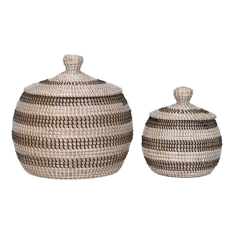 FIORA - Lot de 2 paniers ronds en jonc de mer naturel, blanc et noir avec couvercles FIORA - Lot de 2 paniers ronds en jonc de mer naturel, blanc et noir avec couvercles