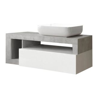 ARTURO - Meuble Vasque 110cm suspendu 1 tiroir blanc laqué et aspect aspect béton