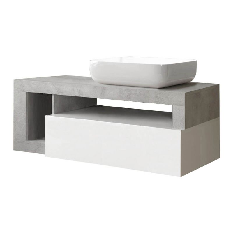 ARTURO - Meuble Vasque 110cm suspendu 1 tiroir blanc laqué et aspect aspect béton ARTURO - Meuble Vasque 110cm suspendu 1 tiroir blanc laqué et aspect aspect béton