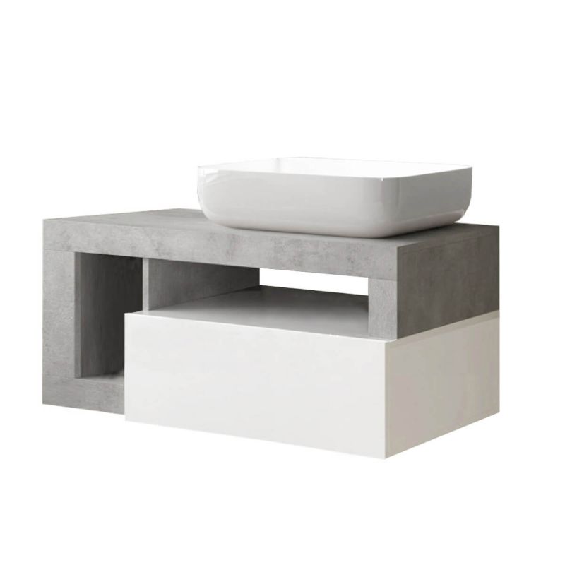 ARTURO - Meuble Vasque 92cm suspendu 1 tiroir blanc laqué et aspect béton ARTURO - Meuble Vasque 92cm suspendu 1 tiroir blanc laqué et aspect béton