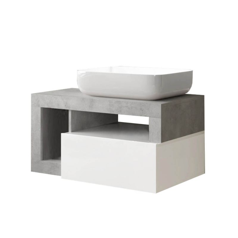ARTURO - Meuble Vasque 78cm suspendu 1 tiroir blanc laqué et aspect béton ARTURO - Meuble Vasque 78cm suspendu 1 tiroir blanc laqué et aspect béton