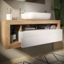 ARTURO - Meuble Vasque 110cm suspendu 1 tiroir blanc laqué et aspect bois finition Cadiz