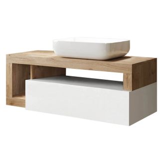 ARTURO - Meuble Vasque 110cm suspendu 1 tiroir blanc laqué et aspect bois finition Cadiz