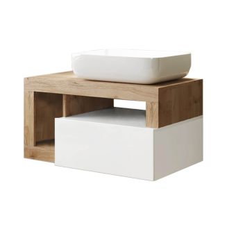 ARTURO - Meuble Vasque 78cm suspendu 1 tiroir blanc laqué et aspect bois finition Cadiz
