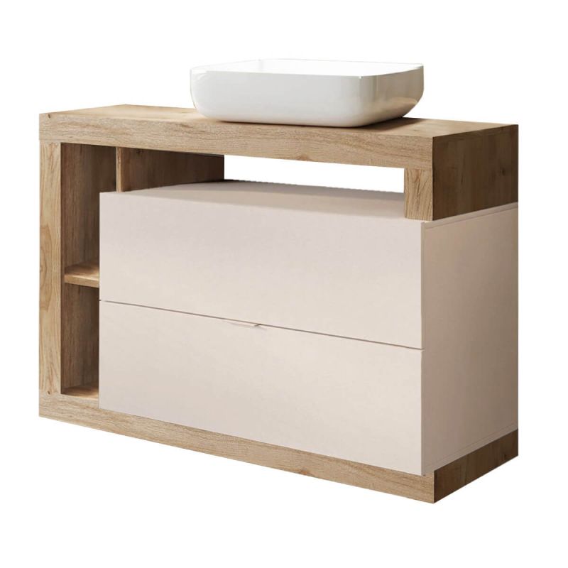 ARTURO - Meuble Vasque 110cm 2 tiroirs beige laqué et aspect bois finition Cadiz
