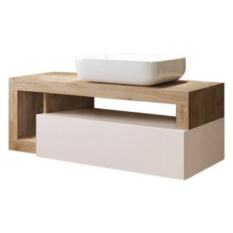 ARTURO - Meuble Vasque 110cm suspendu 1 tiroir beige laqué et aspect bois finition Cadiz