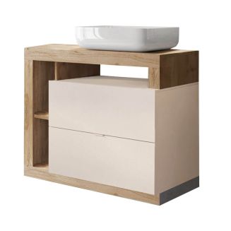 ARTURO - Meuble Vasque 92cm 2 tiroirs beige laqué et aspect bois finition Cadiz