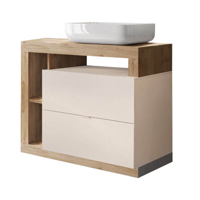 ARTURO - Meuble Vasque 92cm 2 tiroirs beige laqué et aspect bois finition Cadiz