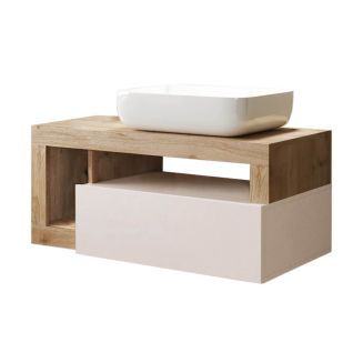 ARTURO - Meuble Vasque 92cm suspendu 1 tiroir beige laqué et aspect bois finition Cadiz