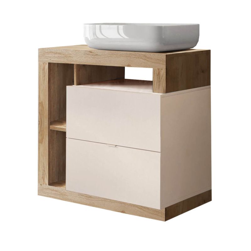 ARTURO - Meuble Vasque 78cm 2 tiroirs beige laqué et aspect bois finition Cadiz