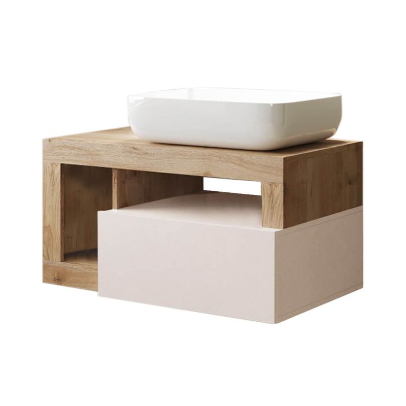 ARTURO - Meuble Vasque 78cm suspendu 1 tiroir beige laqué et aspect bois finition Cadiz