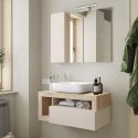 ARTURO - Meuble Vasque 92cm suspendu + Miroir beige et aspect bois finition Cadiz