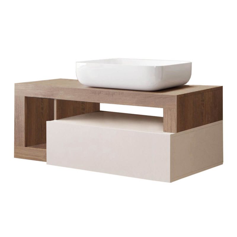 ARTURO - Meuble Vasque 110cm suspendu 1 tiroir beige laqué et aspect bois finition Mercure