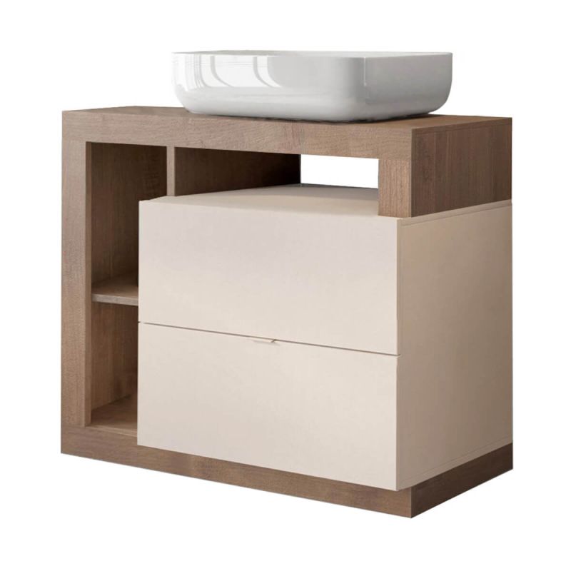 ARTURO - Meuble Vasque 92cm 2 tiroirs beige laqué et aspect bois finition Mercure
