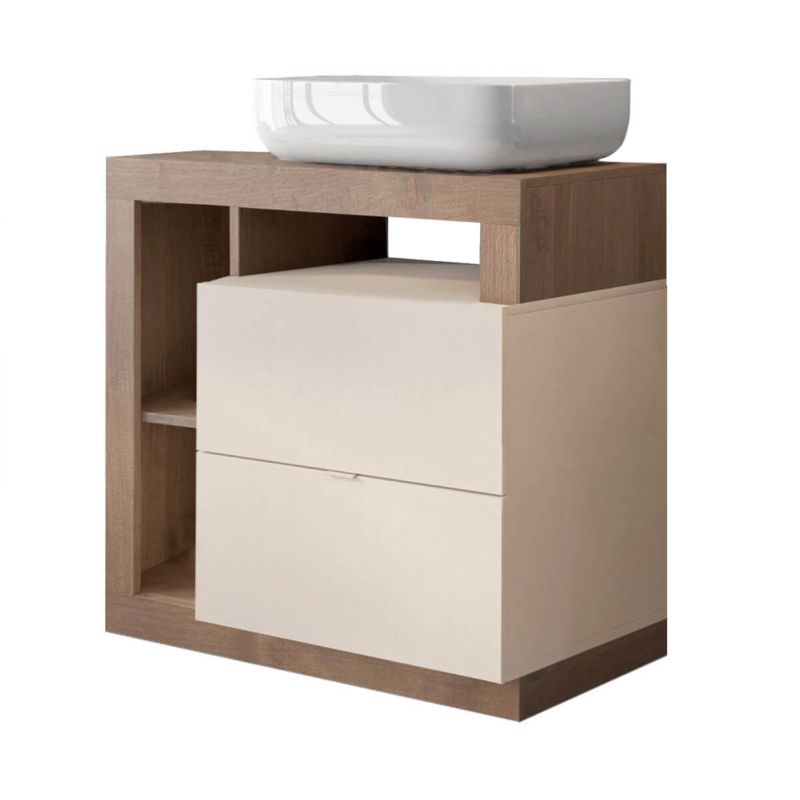 ARTURO - Meuble Vasque 78cm 2 tiroirs beige laqué et aspect bois finition Mercure