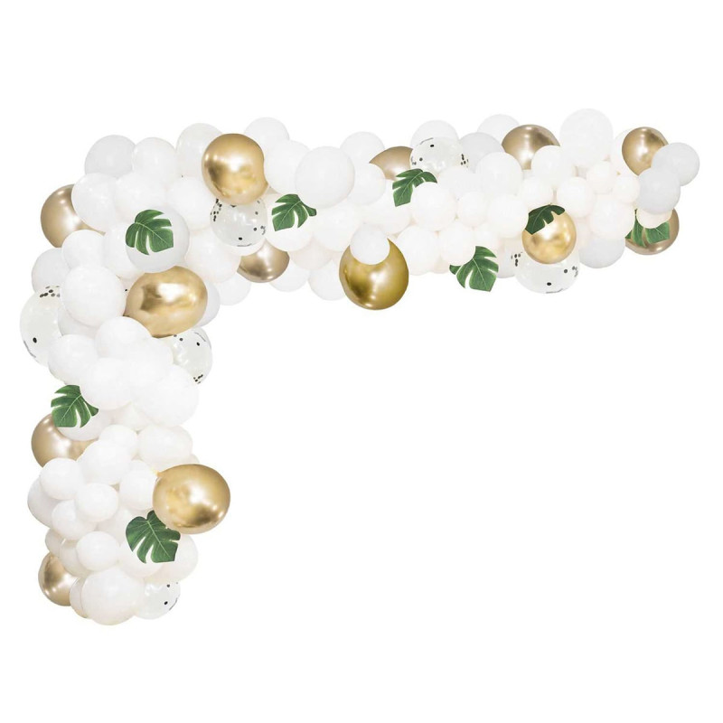 Arche de 90 Ballons Blancs Dorés et Motifs Feuilles