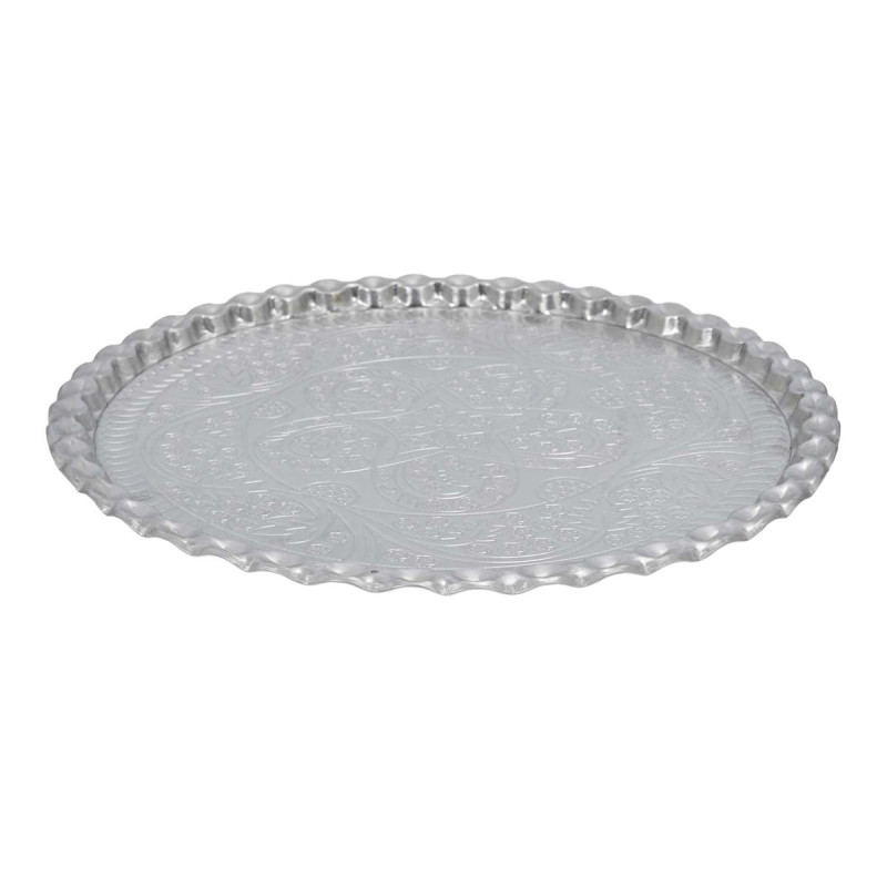 Plateau Décoratif Ø47,5cm en Métal Argenté Motif Ornemental Plateau Décoratif Ø47,5cm en Métal Argenté Motif Ornemental