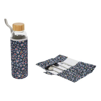 Coffret Bouteille en Verre 50 cl et Pochette 3 Couverts + Paille Inox
