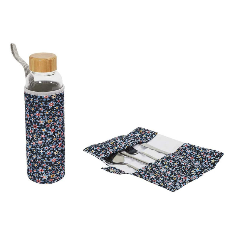 Coffret Bouteille en Verre 50 cl et Pochette 3 Couverts + Paille Inox