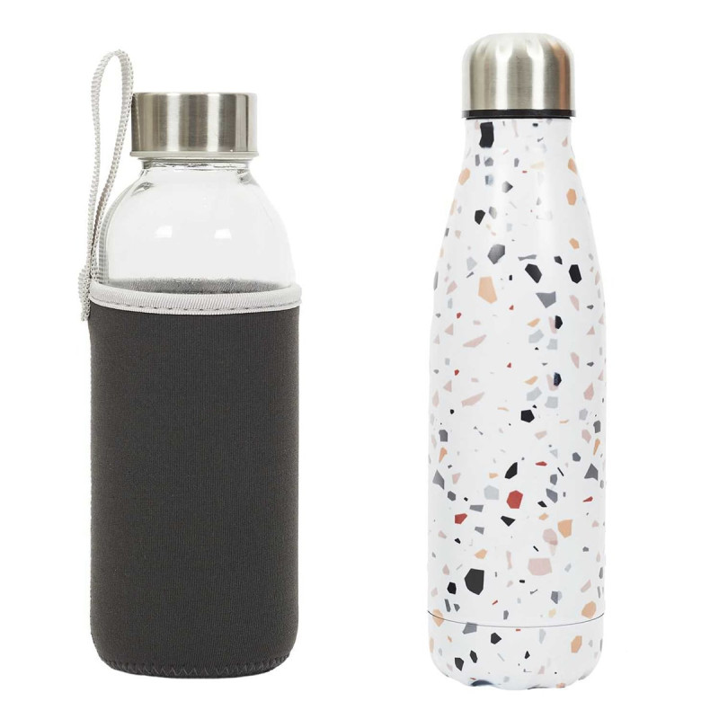Coffret 2 Bouteilles 50cl Isotherme Terrazzo et Verre avec Pochon