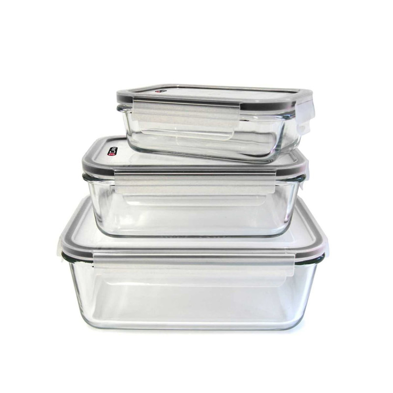 Lot de 3 Plats en Verre avec Couvercles en Plastique Hermétiques Lot de 3 Plats en Verre avec Couvercles en Plastique Hermétiques