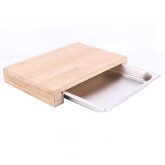 Planche à Découper en Bois avec Tiroir Intégré en Inox 38.5x26.5x5.5cm