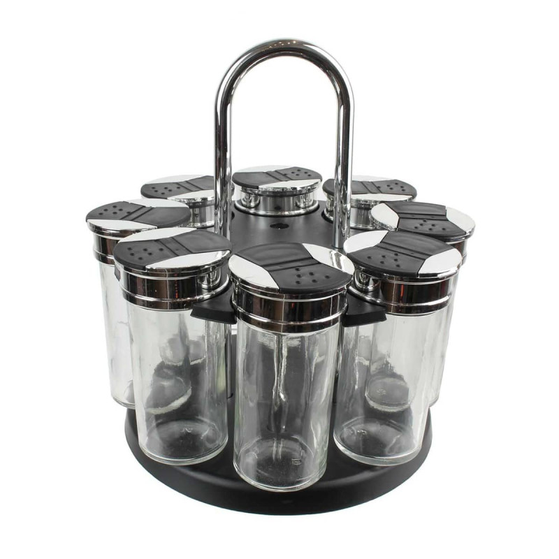 Carrousel à Epices 8 Pots en Verre avec Couvercle Double Clapets Carrousel à Epices 8 Pots en Verre avec Couvercle Double Clapets