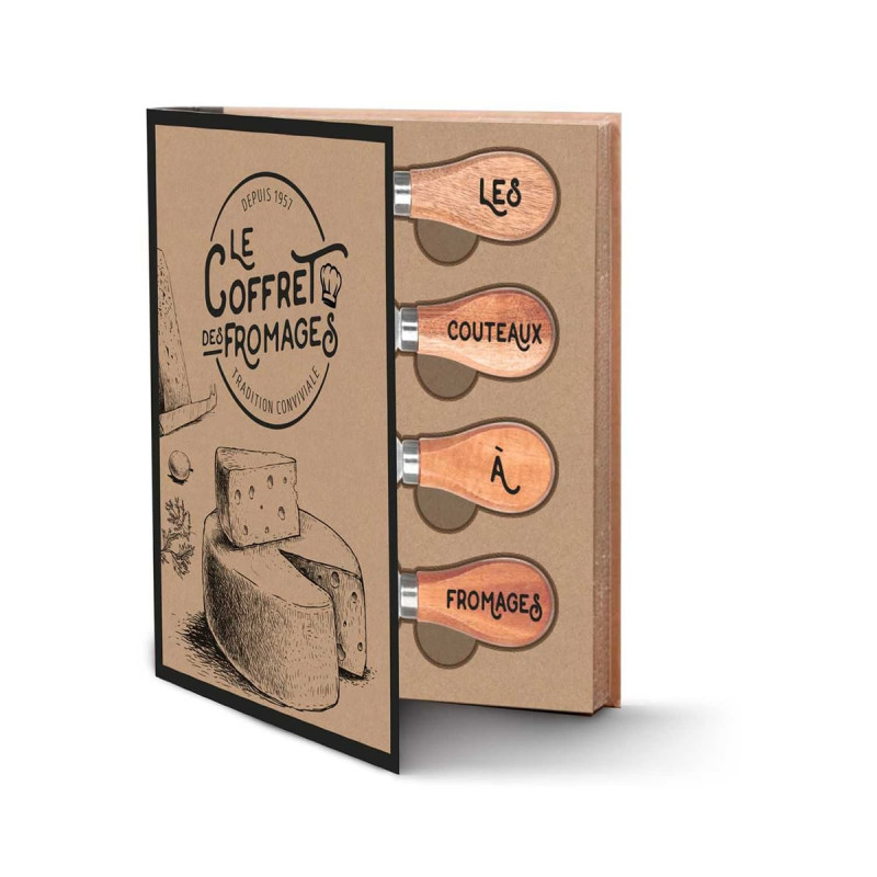 Coffret de 4 Couteau à Fromage et 1 Planche ronde en Bois
