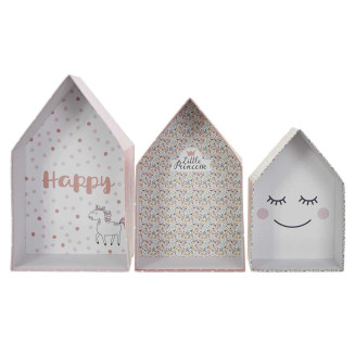 Lot de 3 Boites Gigognes en Forme de Maison Rose et Blanc