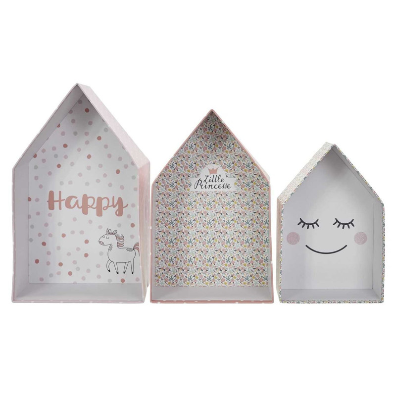 Lot de 3 Boites Gigognes en Forme de Maison Rose et Blanc Lot de 3 Boites Gigognes en Forme de Maison Rose et Blanc