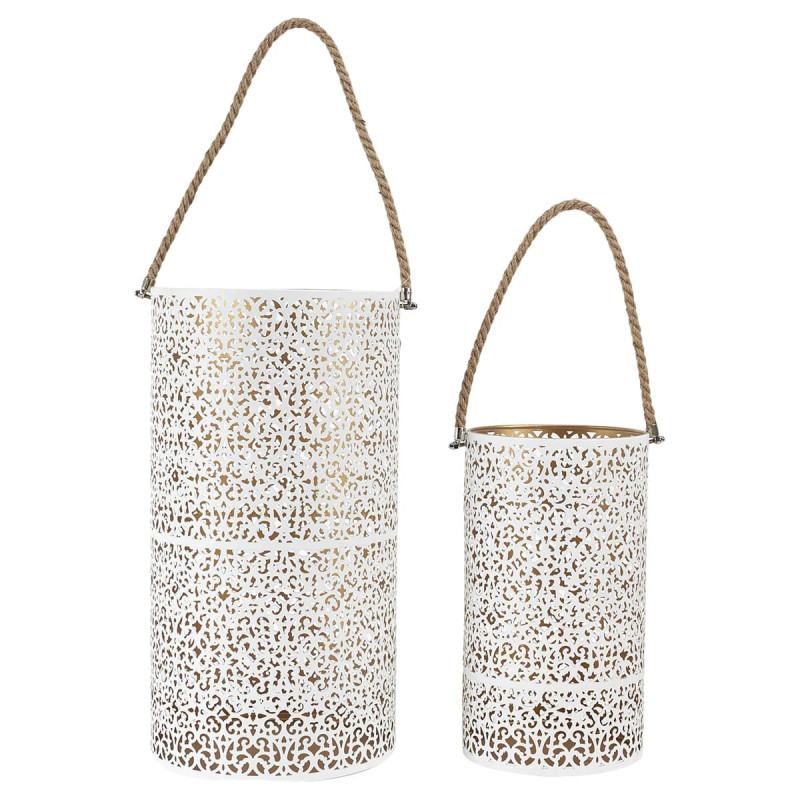 Duo de Lanternes Métal Ajouré Blanc et Or