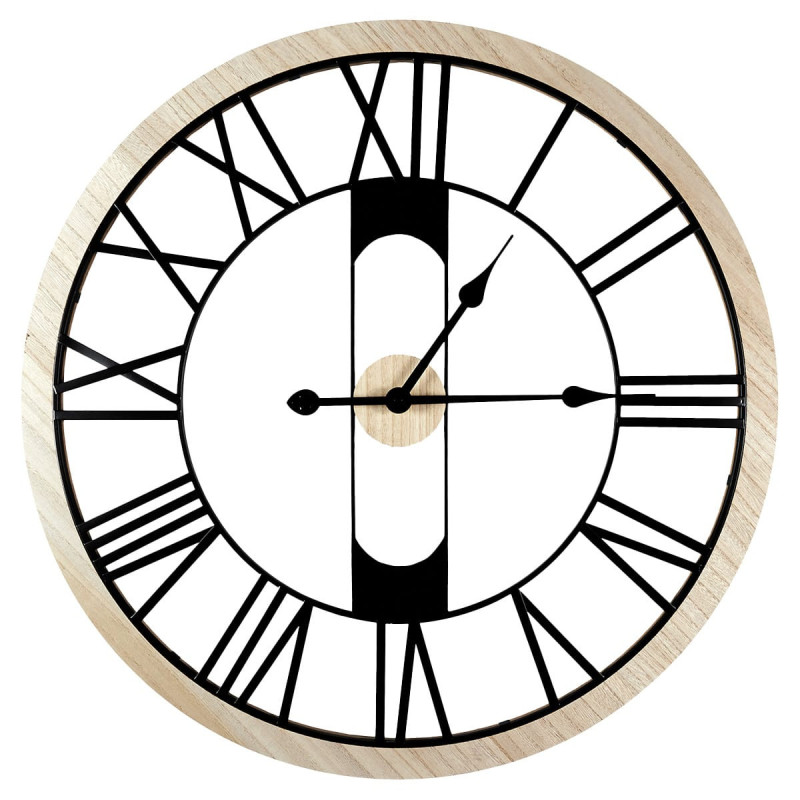 Horloge Silencieuse Ajourée à Chiffres Romains Effet Bois et Métal Noir Ø70cm Horloge Silencieuse Ajourée à Chiffres Romains Effet Bois et Métal Noir Ø70cm