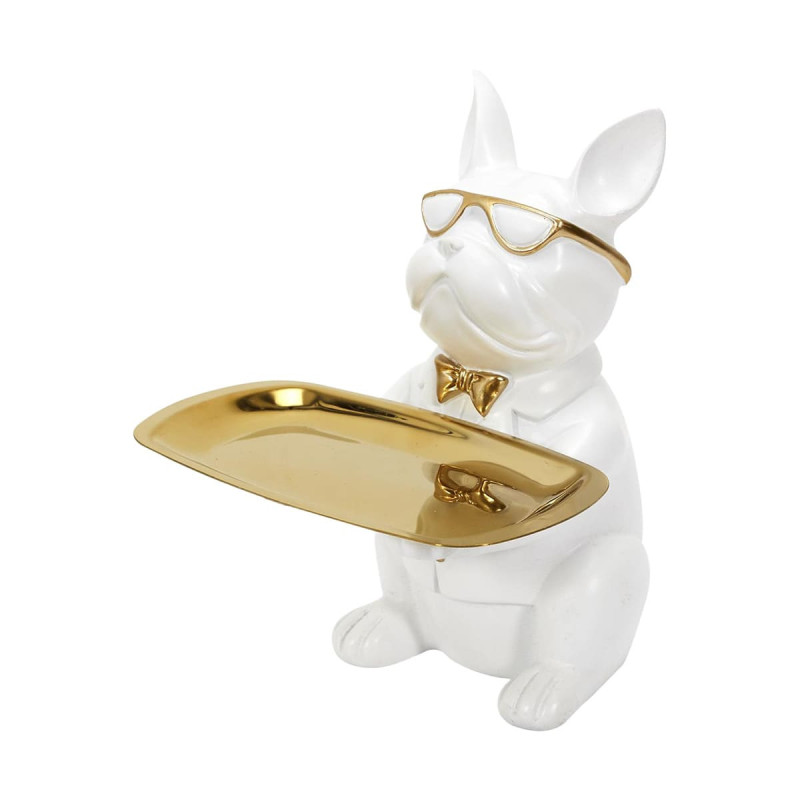 Vide-Poche Bulldog Blanc et Or Plateau Servi