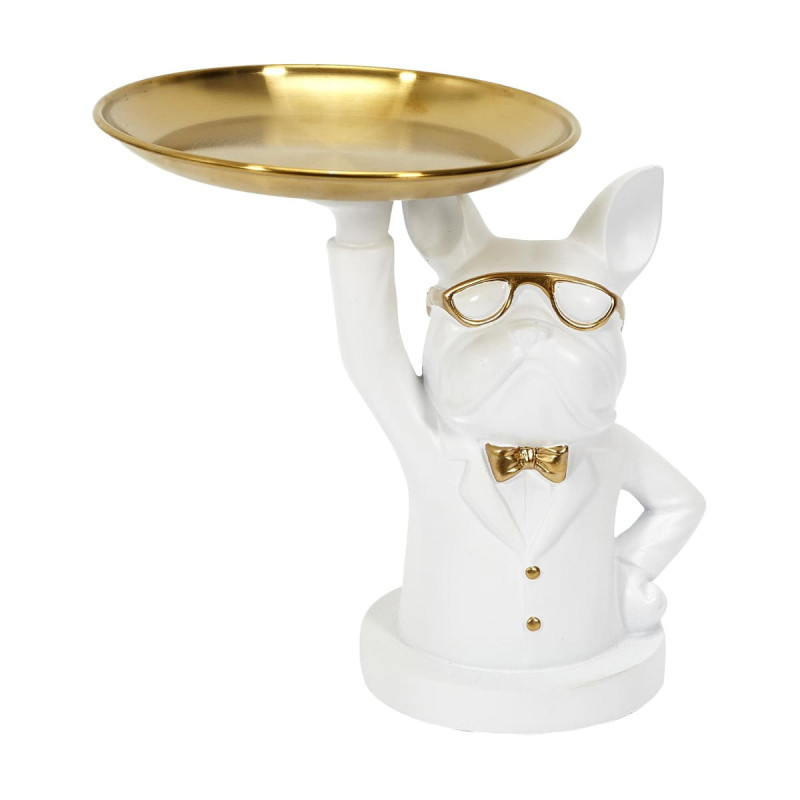 Vide-Poche Bulldog Blanc et Or Plateau en L'air