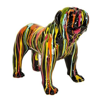 Statue Chien Molosse en Résine Noir Coulures Multicolores