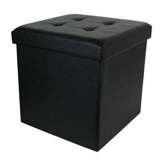 Pouf Coffre Pliable Carré Simili Cuir Noir Capitonné