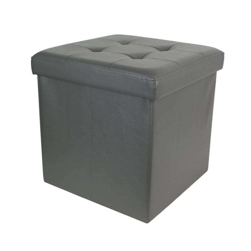 Pouf Coffre Pliable Carré Simili Cuir Gris Capitonné