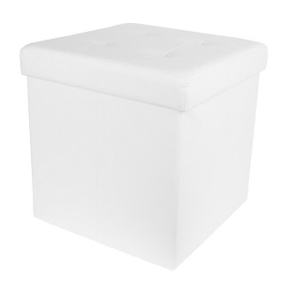 Pouf Coffre Pliable Carré Simili Cuir Blanc Capitonné