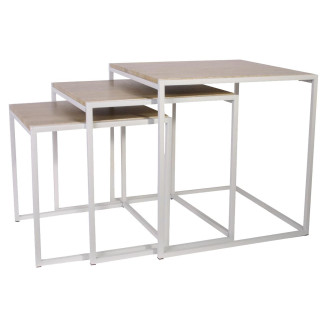 Lot de 3 Tables Gigognes Carrées Effet Bois et Métal Blanc
