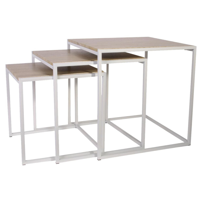 Lot de 3 Tables Gigognes Carrées Effet Bois et Métal Blanc