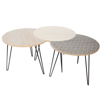 Lot de 3 Tables Basses Emboitables Aspect Bois Motifs Noirs