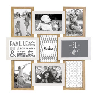 Pêle-mêle 9 Cadres Photo Effet Bois Naturel et Blanc