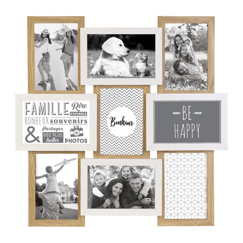 Pêle-mêle 9 Cadres Photo Effet Bois Naturel et Blanc