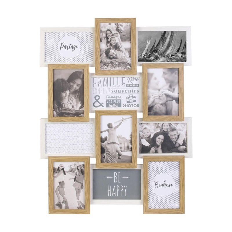 Pêle-mêle 12 Cadres Photo Effet Bois Naturel et Blanc