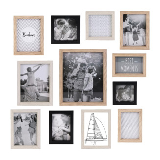 Set de 12 Cadres Photo Multi-tailles Effet Bois Naturel Blanc et Noir