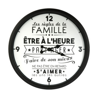 Horloge Murale Noire et Blanche Ø50cm "Règles de Famille"