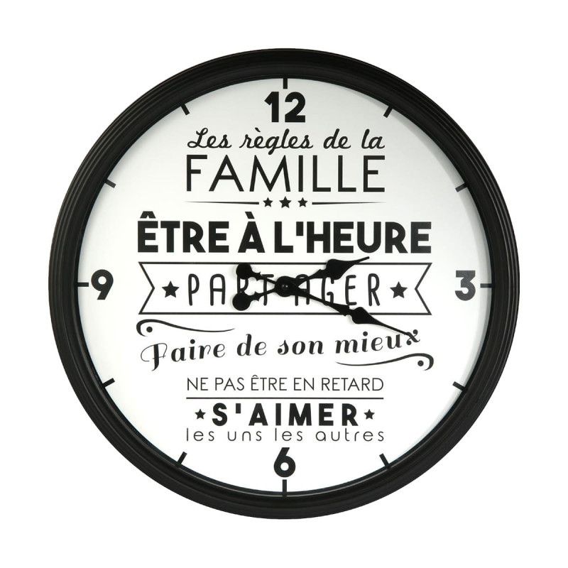 Horloge Murale Noire et Blanche Ø50cm "Règles de Famille"