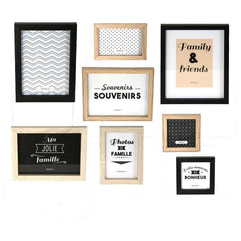 Set de 8 Cadres Photo Effet Bois Naturel et Noir