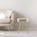 Chevet Rond 1 Tiroir Blanc et Effet Bois Style Scandinave Vintage