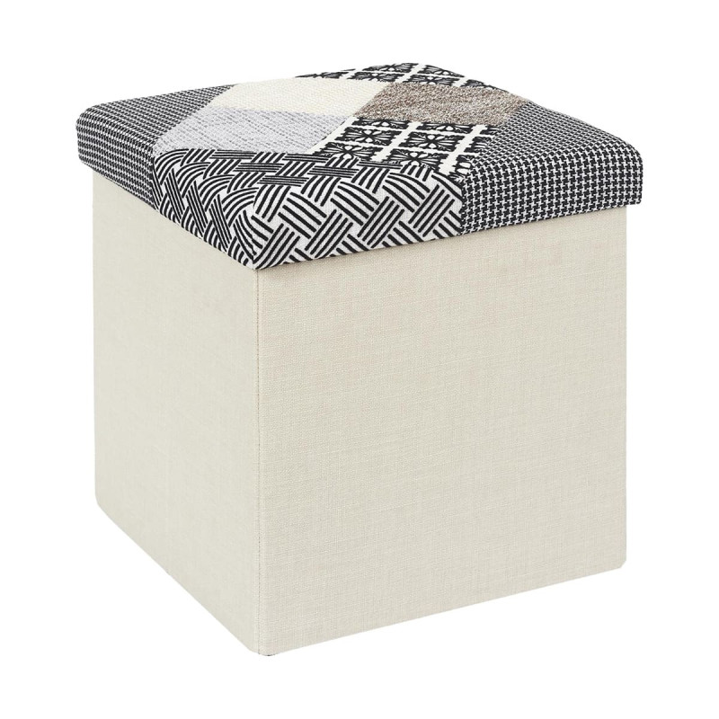 Pouf Coffre Pliable Motif Patchwork Gris